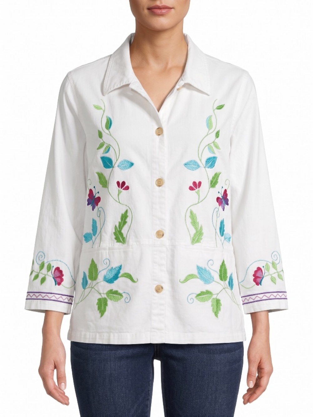 Denim Co Women XL White Cotton Stretch Embroidered Long Sleeve Utility Jacket